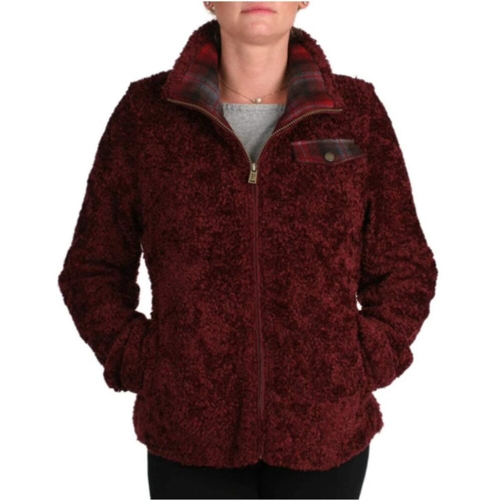 PENDLETON Fuzzy Sherpa Fleece Jacket Full Zip Wool Trim Burgundy Womens Size S